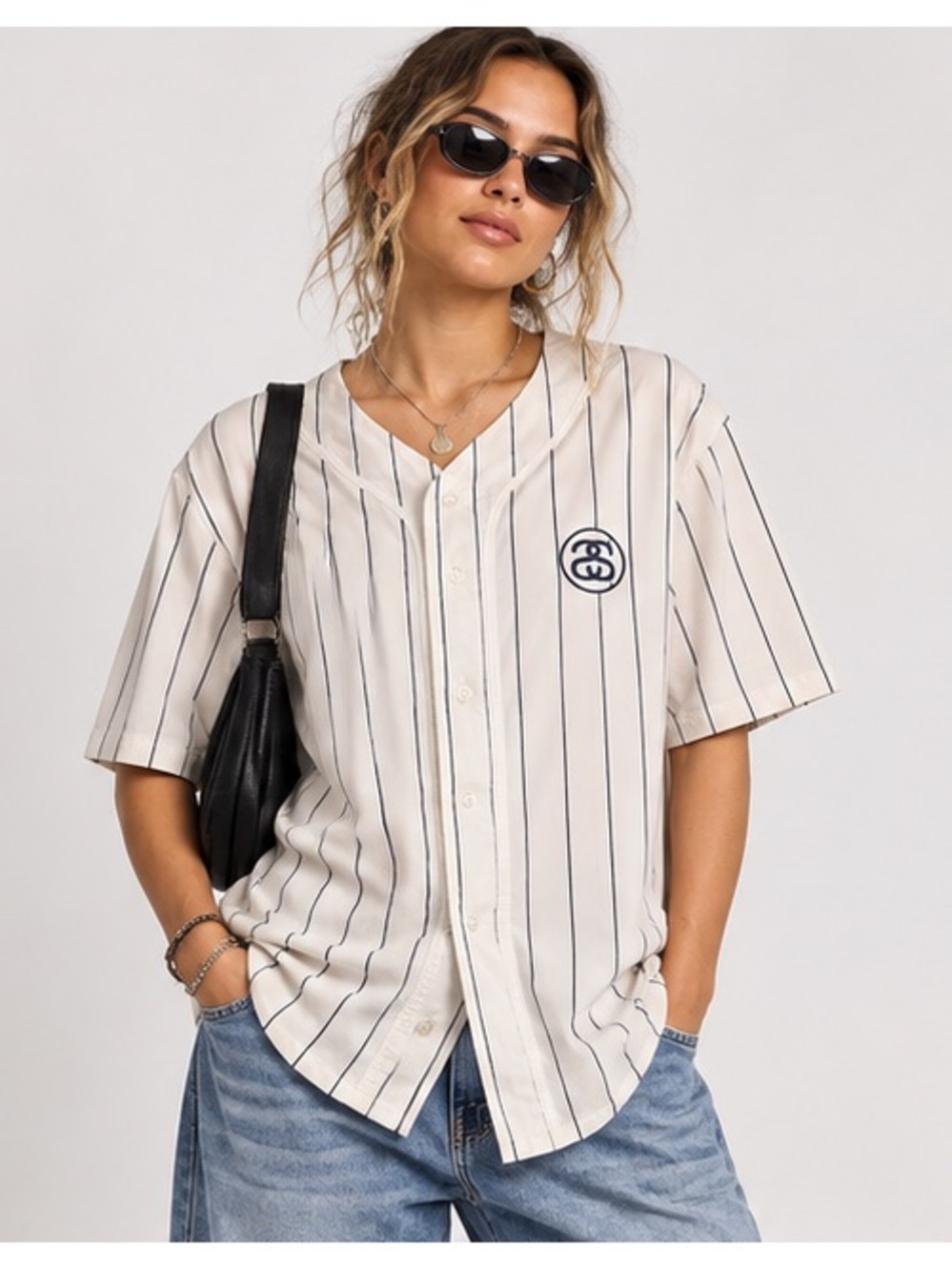 Stussy Y2K Sporty Casual Streetwear White Baseball Jersey with Navy Pinstripes L